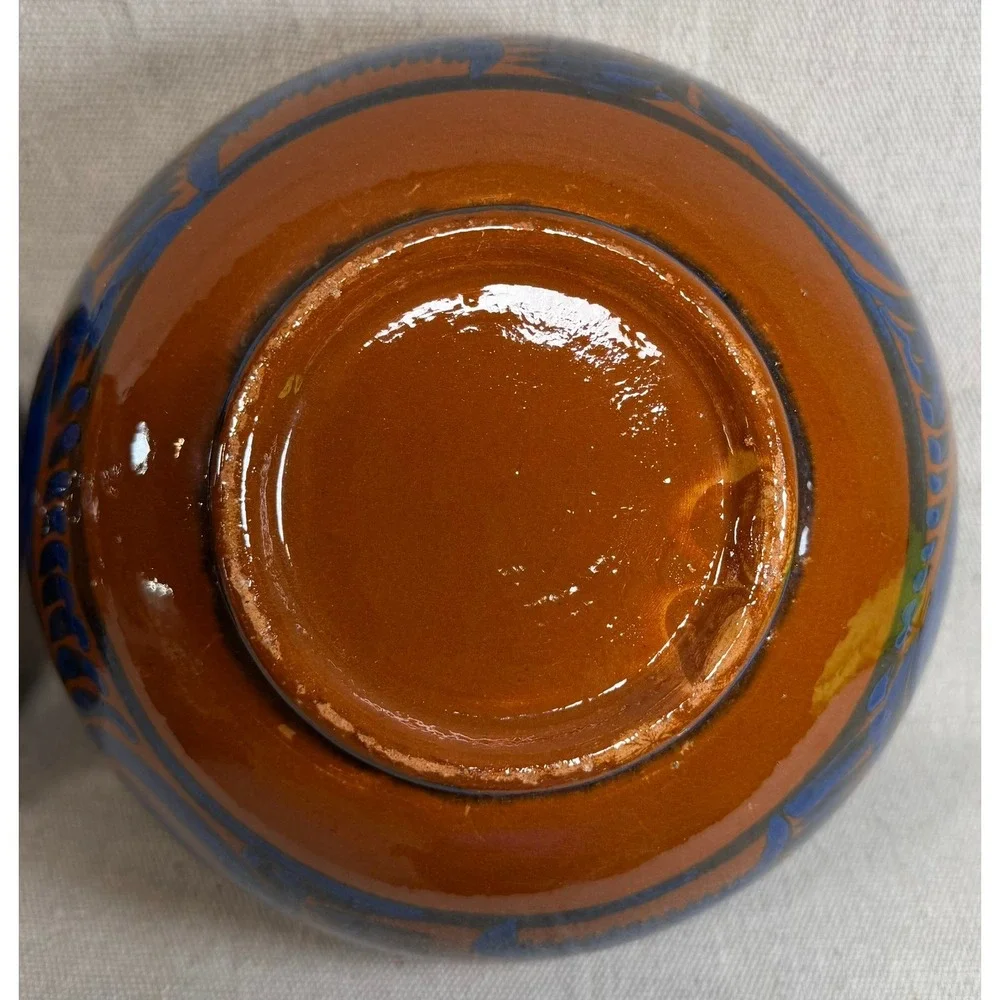 Vintage Handmade Mexican Tonala Pottery Nesting Bowls Set of 3 Terracotta Blue